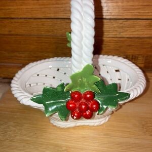 Capodimonte Festive White Holiday Basket with Red and Green Accents